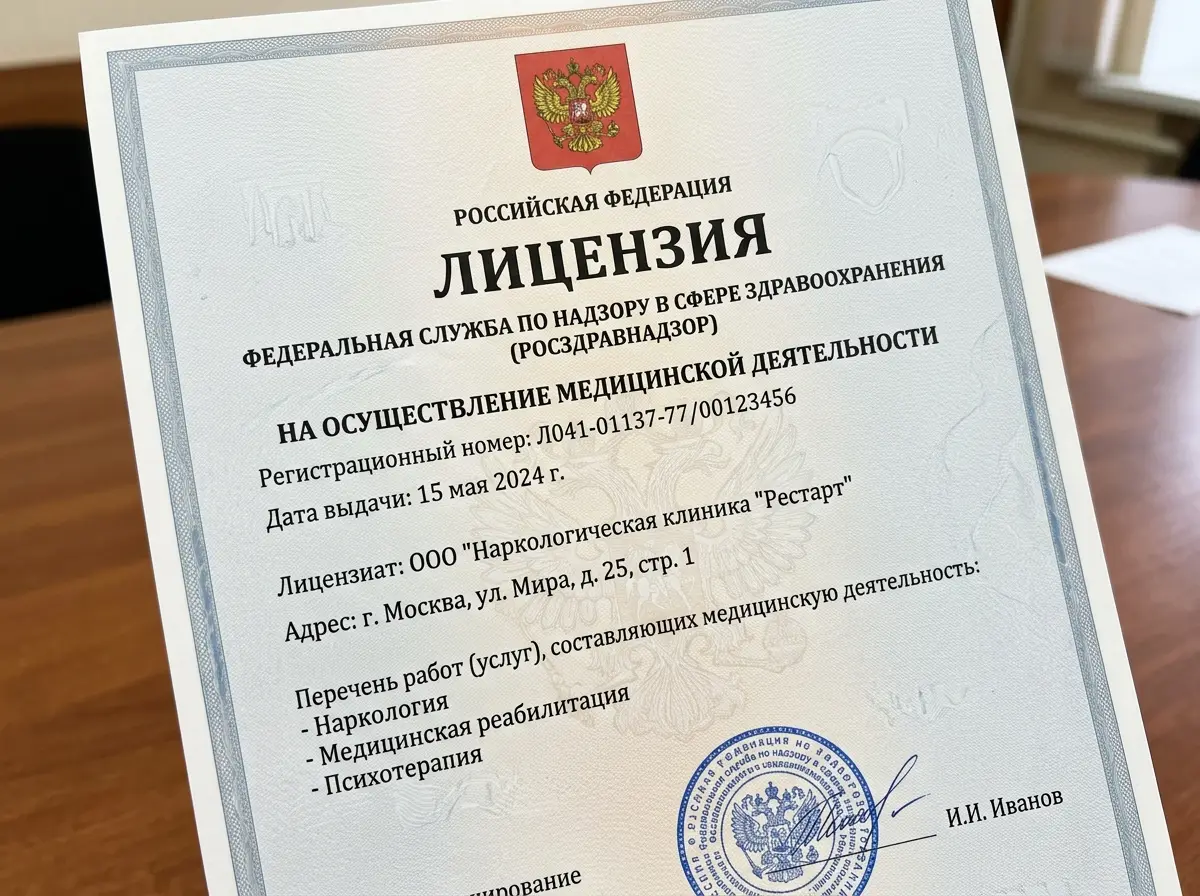 Лицензия Росздравнадзора на осуществление медицинской деятельности, официальный бланк с печатью, наркологическая клиника