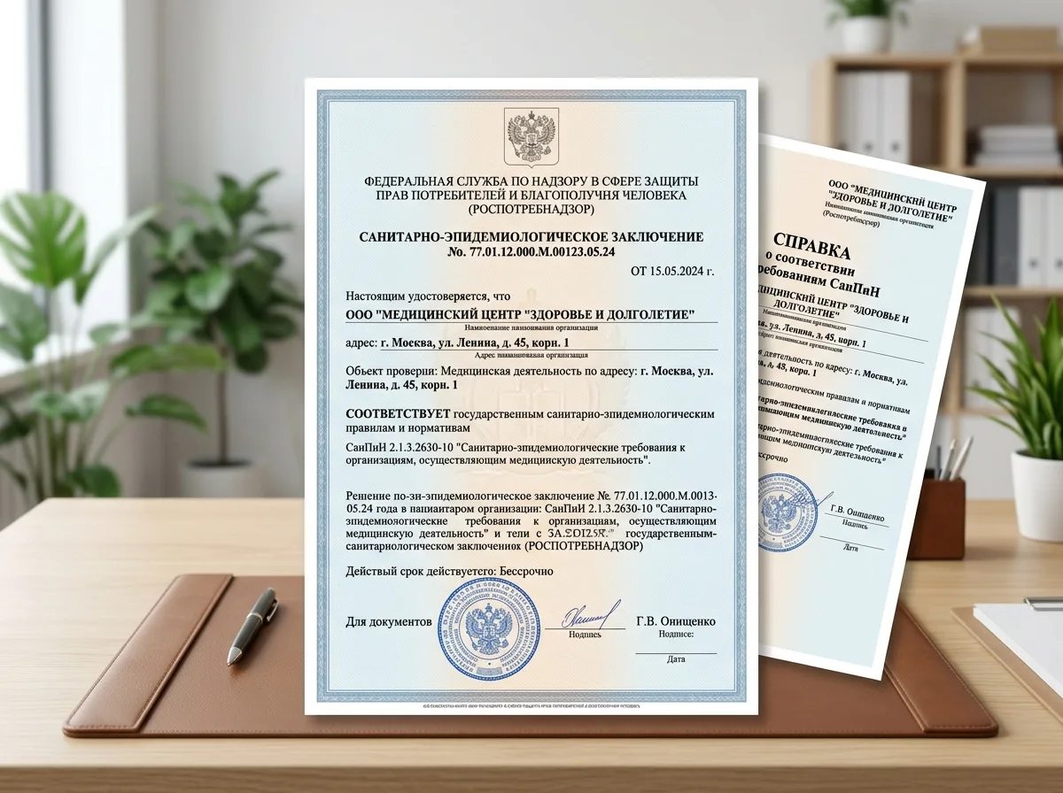 Документ о соответствии требованиям СанПиН, санитарное заключение Роспотребнадзора для медицинской организации